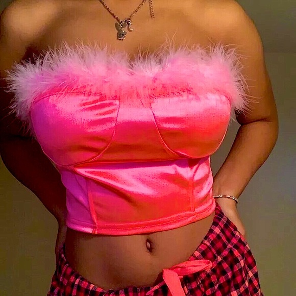 Neon pink feather trim strapless cropped tube top - Picture 1 of 14